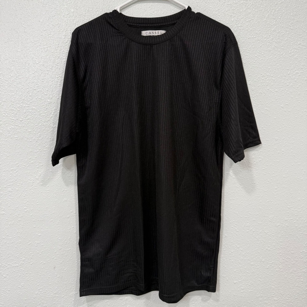 Cassel Mens Black Ribbed Short Sleeve Crewneck T-Shirt Size L